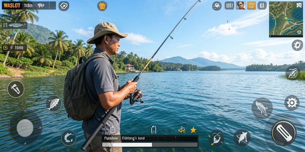 Tampilan gameplay <strong>WASLOT</strong> saat memancing yang menarik dan realistis.